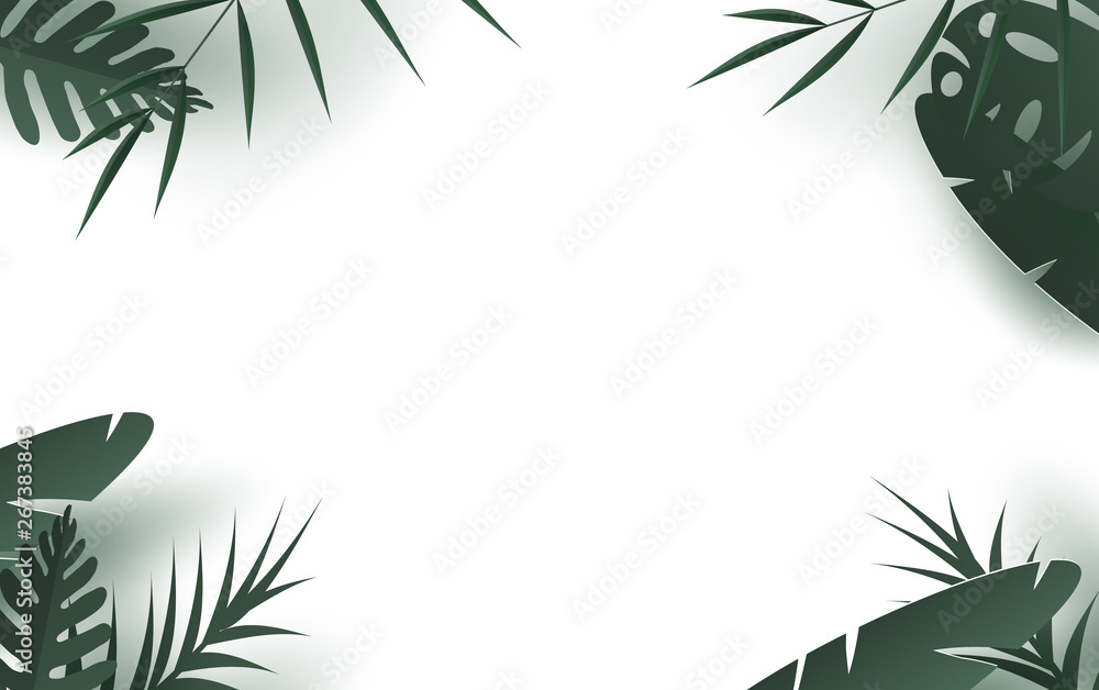 illustration of Summertime with Palm Leaf Background.jungle leaves green  seamless floral pattern.Creative Design for banner or flyer by dark green palm leaves.Paper art and craft style.vector.EPS10