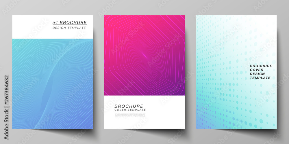 The vector layout of A4 format modern cover mockups design templates for brochure, magazine, flyer, booklet, annual report. Abstract geometric pattern with colorful gradient business background. The vector layout of A4 format modern cover mockups design templates for brochure, magazine, flyer, booklet, annual report. Abstract geometric pattern with colorful gradient business background.