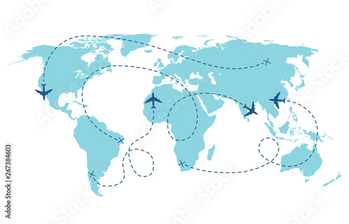 Airplane route. Plane trace line  aeroplanes pathways flight lines  planning routes travels pointers traffic track path vector set
