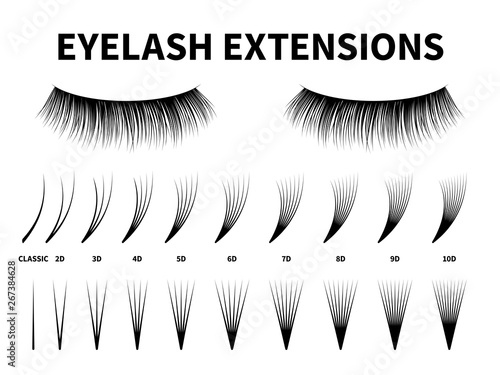 Eyelash extensions. Curling extension volume eyelashes, tweezer tool guide fake lash. Artificial lashes template makeup, vector design