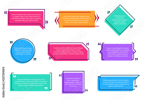 Texting boxes. Colored quote box speech bubble template text note brackets citation page empty frame stickers cartoon vector isolated