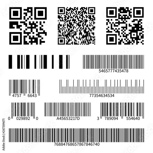Barcodes. Supermarket scan code bars and qr codes, industrial barcode price labels isolated vector set