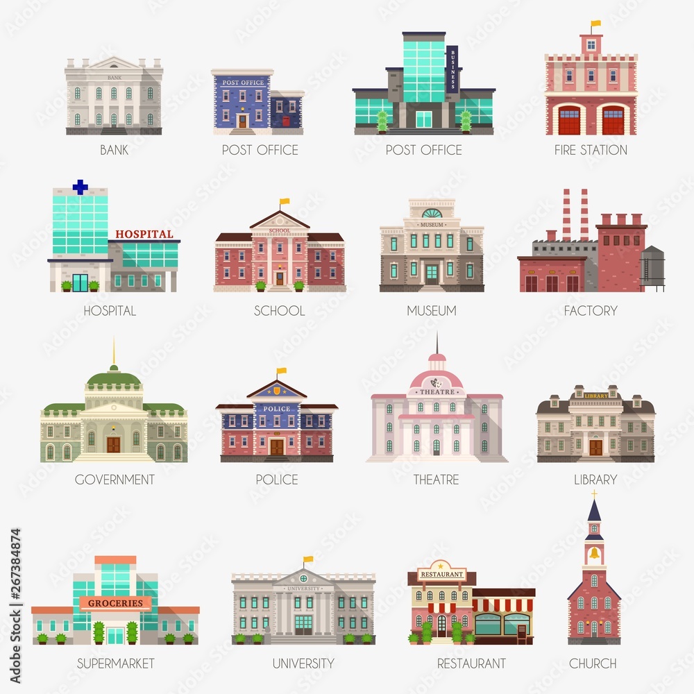 Government houses. Municipal office bank, buildings hospital school university police station library city exterior flat vector icons