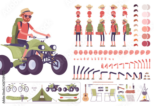 Hiking man creation set, male tourist with backpacking gear, clothes for outdoor sport, leisure activity kit, camp constructor elements to build own design. Cartoon flat style infographic illustration