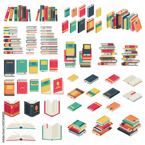 Flat books set. Book school library publishing dictionary textbook magazine open closed page studying vector collection photo