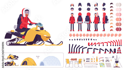 Hiking winter man creation set, tourist with backpack gear, clothes for outdoor sport, leisure activity kit, camp constructor elements to build own design. Cartoon flat style infographic illustration