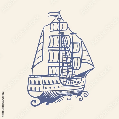 Sketch sailboat. Vintage medieval pirate running away ship and waves nautical travel vector floating sea concept