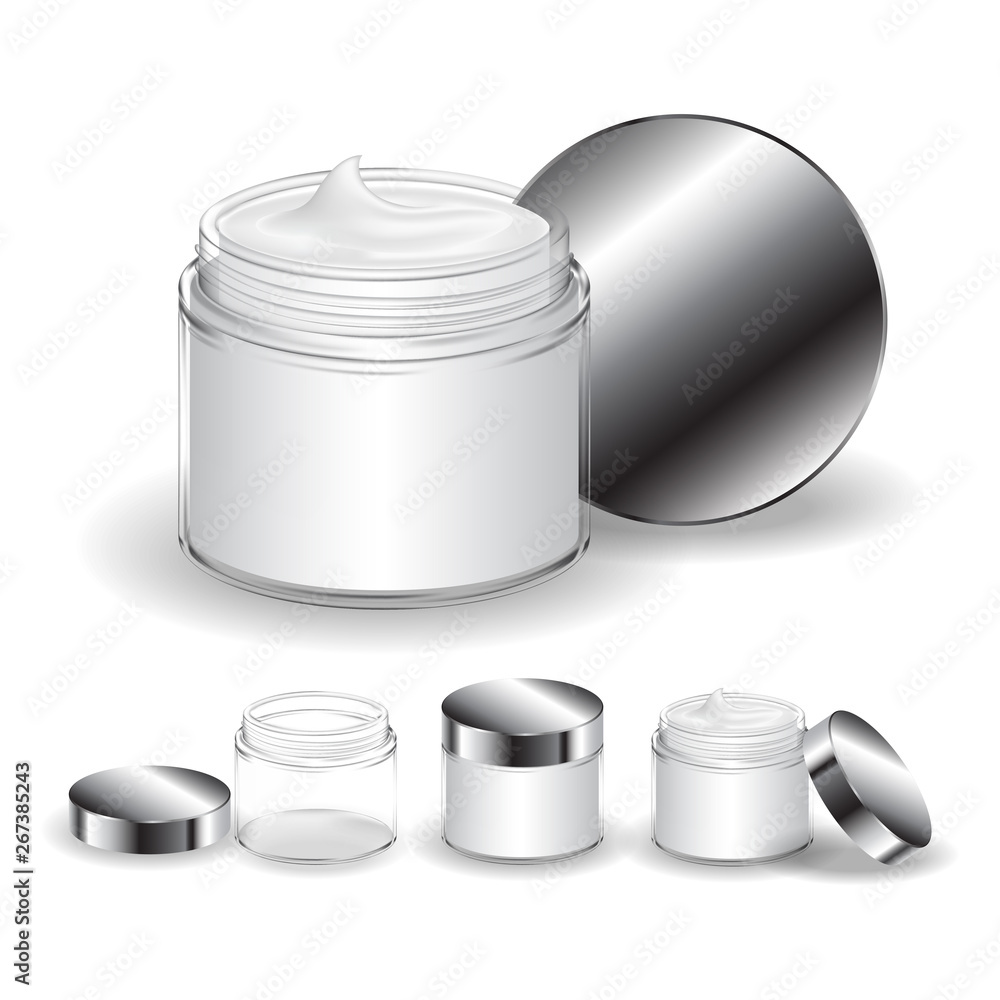Cream jar isolated on white background. Cosmetic transparent bottle. Beauty product package. Vector illustration. Cream jar isolated on white background. Cosmetic transparent bottle. Beauty product package. Vector illustration.