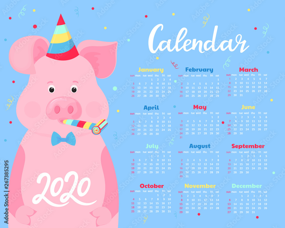 Obraz premium Calendar for 2020. Week start on Sunday. Cute pig in a striped party hats and horn blowers. Funny animal.