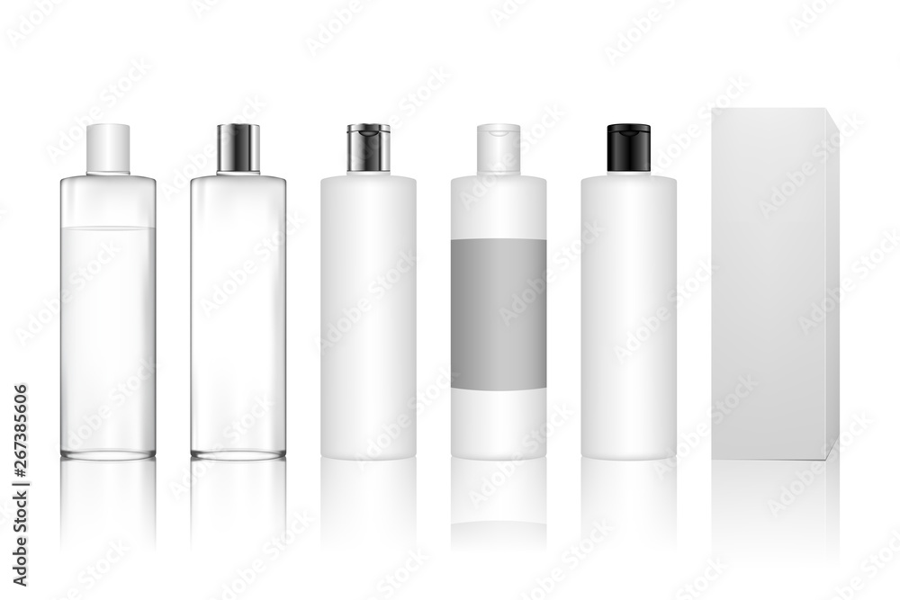 Cosmetic plastic bottle with box isolated on white background. Liquid container for gel, lotion, cream, shampoo, bath foam, skincare. Beauty product package, vector illustration.