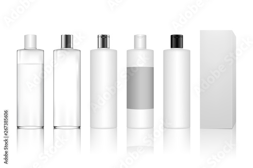 Cosmetic plastic bottle with box isolated on white background. Liquid container for gel, lotion, cream, shampoo, bath foam, skincare. Beauty product package, vector illustration.