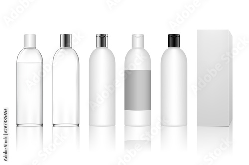 Cosmetic plastic bottle with box isolated on white background. Liquid container for gel, lotion, cream, shampoo, bath foam, skincare. Beauty product package, vector illustration.