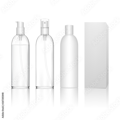 Transparent cosmetic plastic bottle with spray, dispenser pump. Liquid container for gel, lotion, shampoo, bath foam, skincare. Beauty product package. Vector illustration.