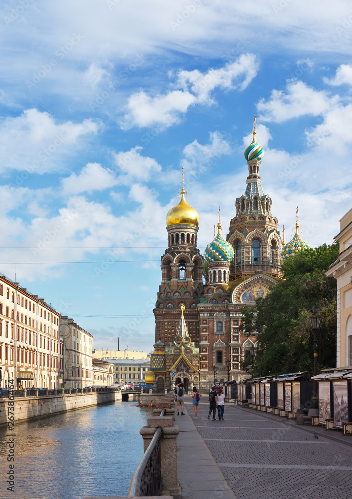 Saint Petersburg. View of the Church of the Savior on Spilled Blood (Spas na Krovi) from the embankment of the Griboyedov canal on a summer day