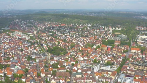 Aerial around the Killesberg in spring  in Stuttgart, Germany. View of Feuerbach pan to the right. photo