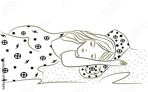 Girl sleeping in a bed. Bed linen with a floral abstract print. Scalable and editable vector illustration. Can be used in advertising fabric and bedding.