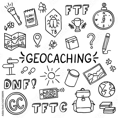 Geocaching doodle drawing equipment set concept vector