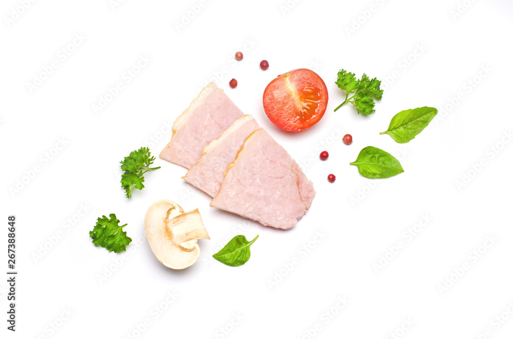 pieces of pork and sliced tomato and mushrooms champignon next parsley and pepper red peas pieces of pork and sliced tomato and mushrooms champignon next parsley and pepper red peas