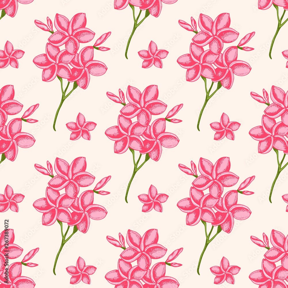 Tropical seamless pattern with pink flowers Tropical seamless pattern with pink flowers