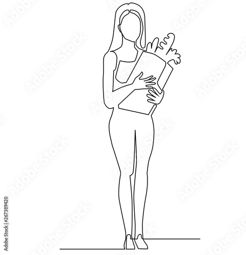 Sketch slender girl holds a package of healthy food. Line art illustration.