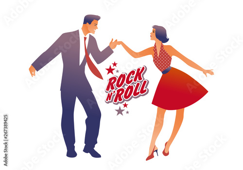 Beutiful girl wearing red retro dress and handsome man dancing rock, rockabilly, swing or lindy hop