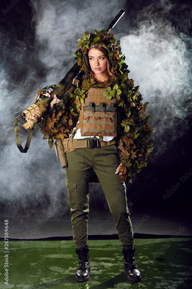 Sniper in Camouflaged Suit with Rifle Stock Image - Image of