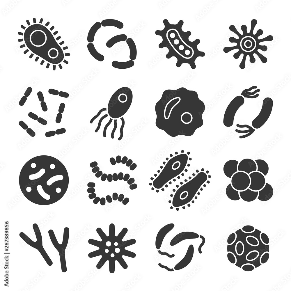 Bacteria, microbe, virus glyph vector icon set. Microscopic bacterium and bacillus collection, isolated on white background