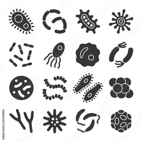 Bacteria, microbe, virus glyph vector icon set. Microscopic bacterium and bacillus collection, isolated on white background