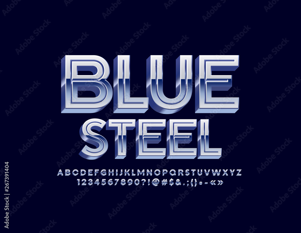 Vector 3D Blue Steel Font. Set of metallic Alphabet Letters, Numbers and Symbols