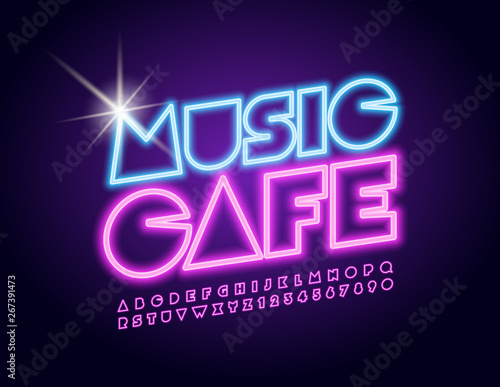 Vector glowing emblem Music Cafe with Neon Font. Illuminated pink Alphabet Letters and Numbers 