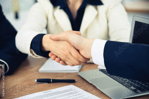 Fototapeta Naklejka Na Ścianę i Meble -  Business people shaking hands at meeting or negotiation in the office. Handshake concept. Partners are satisfied because signing contract