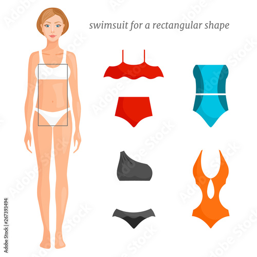 Different models of swimsuits suitable for a rectangular type of figure. Vector guide on the selection of clothes for the beach. Woman and swimsuits for her type of figure in cartoon style.
