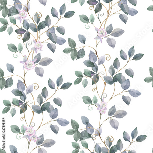 Hand painted watercolor illustration. Seamless botanical pattern with roses.
