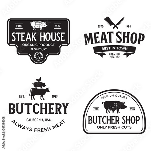 Set of Butcher Shop and Butchery hand written lettering logo, label, badge, emblem. Template for shop, cover, sticker, print, business works. Vintage retro style.