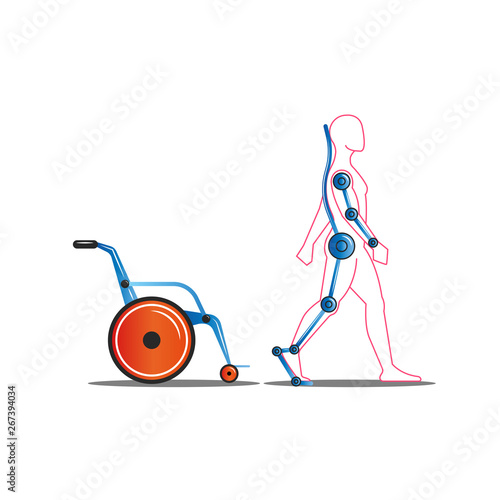 Disabled person getting out of a wheelchair using an exoskeleton concept vector illustration, medical servo technology for people with disabilities for a full life