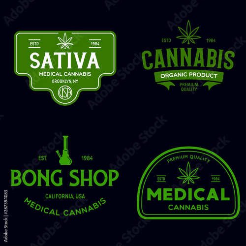 Set of Modern vintage cannabis logo labels badges templates. Medical marijuana logotypes.