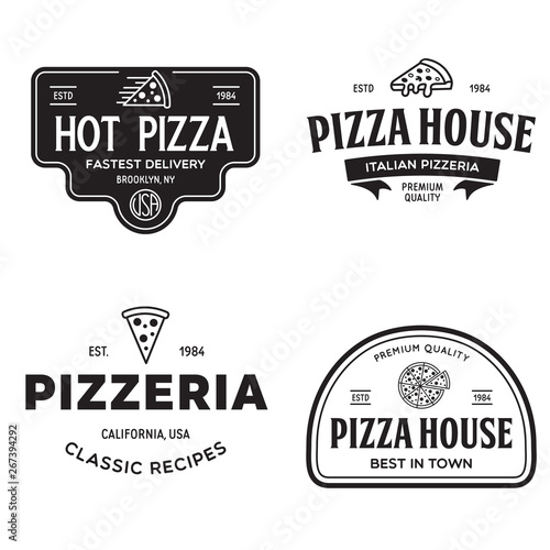 Set of pizza logo, badges, banners, emblems for fast food restaurant. Collection labels for menu design restaurant or pizzeria.
