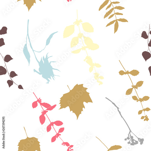 Botanical floral vector seamless pattern with hand drawn herbs, plants, flowe...