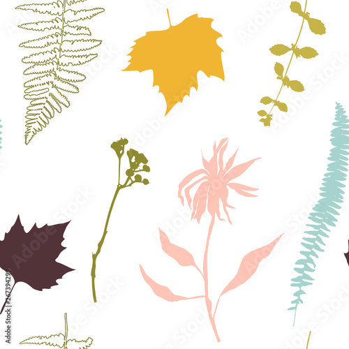 Botanical floral vector seamless pattern with hand drawn herbs, plants, flowe...
