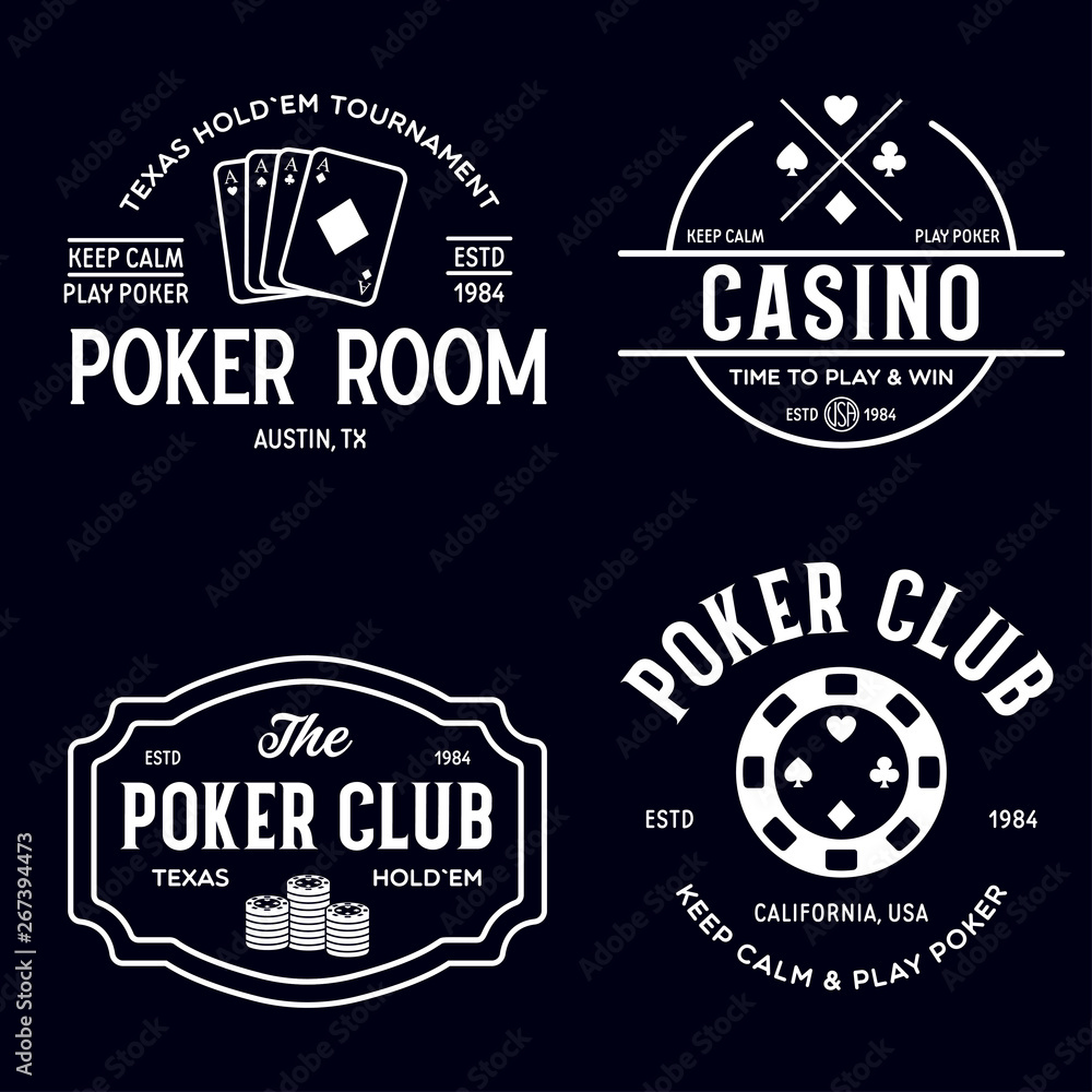 Fototapeta premium Poker related labels emblems badges design elements set. Texas holdem poker club tournament logotype collection.