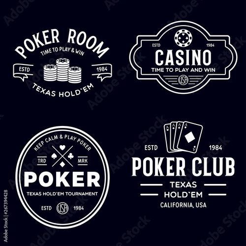 Poker related labels emblems badges design elements set. Texas holdem poker club tournament logotype collection.