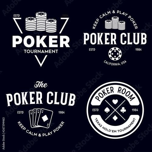 Poker related labels emblems badges design elements set. Texas holdem poker club tournament logotype collection.