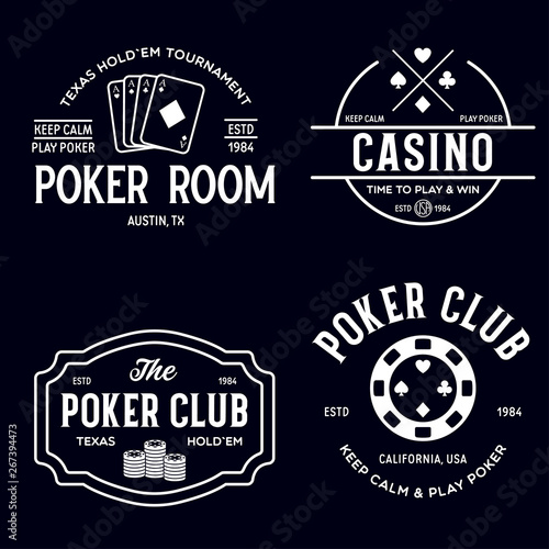 Poker related labels emblems badges design elements set. Texas holdem poker club tournament logotype collection.