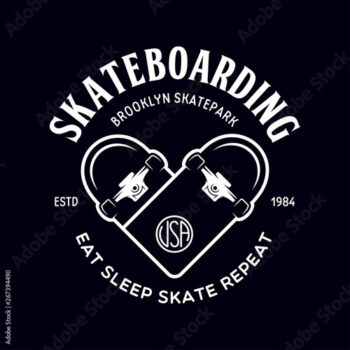 Skateboarding label badge. Skate shop logotype. Design elements for posters, t-shirt prints, emblems.