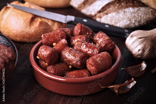 homemade fried longaniza casserole, typical of Spain