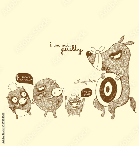 Three Little Pigs and the Big Bad Wolf , revenge of little pig and woof,storytelling the three little pigs - Vector