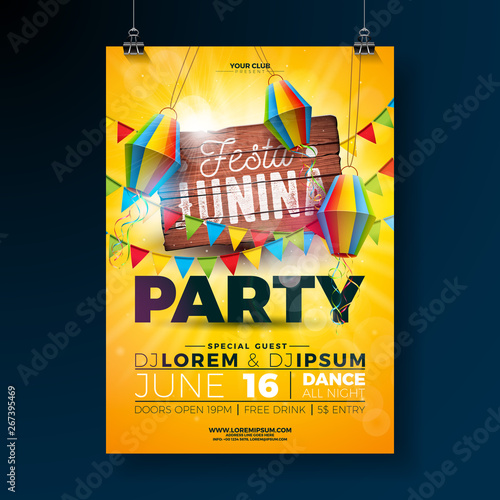 Festa Junina Party Flyer Design with typography design on vintage wood board. Flags and Paper Lantern on Yellow Background. Vector Traditional Brazil June Festival Illustration for Invitation or