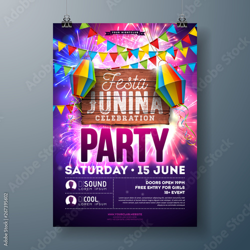 Festa Junina Party Flyer Design with Flags, Paper Lantern and Typography Design on Firework Background. Vector Traditional Brazil June Festival Illustration for Invitation or Holiday Celebration