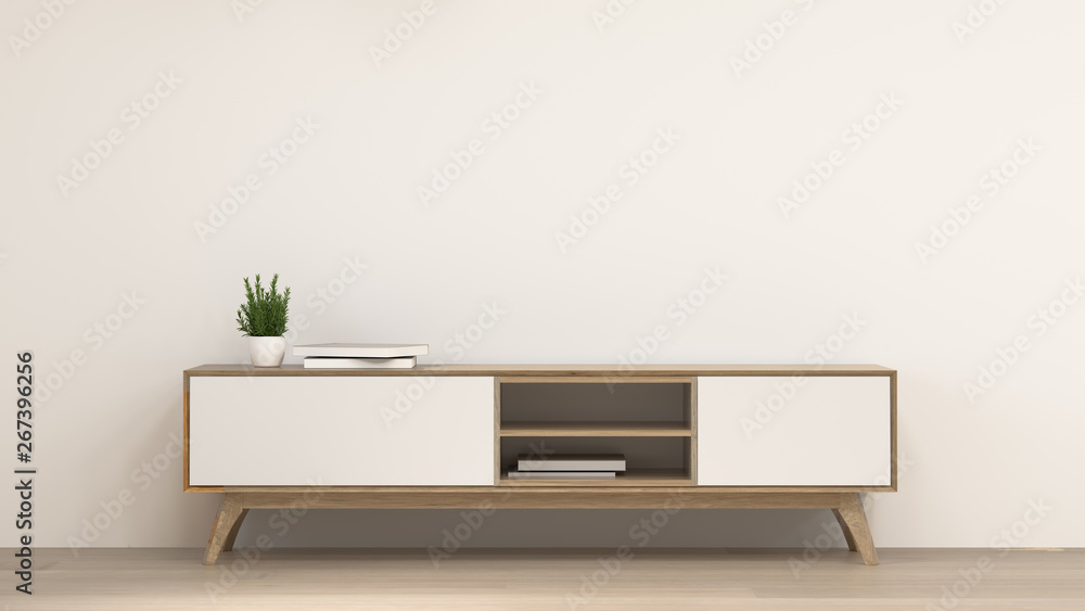 clean modern Tv wood cabinet in empty room interior background  3d rendering home designs,background shelves and books on the desk in front of  wall empty wall