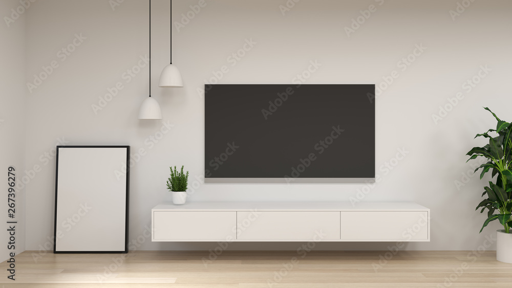 Obraz premium modern Tv wood cabinet in empty room interior background 3d rendering home designs, clean background shelves and books on the desk in front of wall empty wall